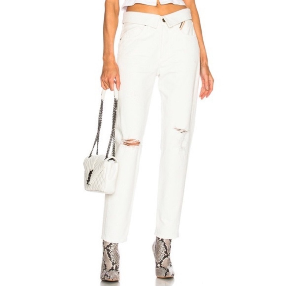 Jean Atelier Flip Straight Leg Jeans in White Sand distressed button fly